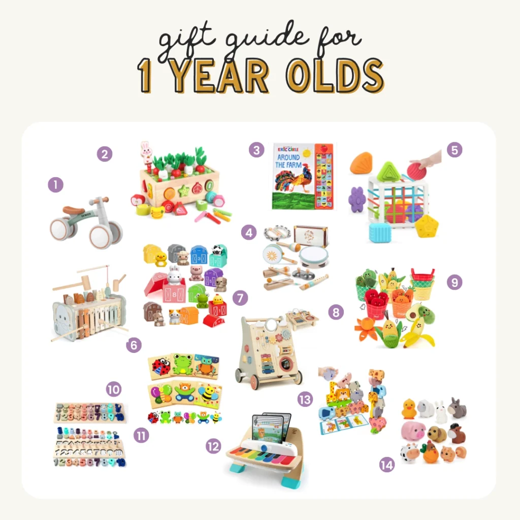 gift guide for one year olds with fourteen gift examples